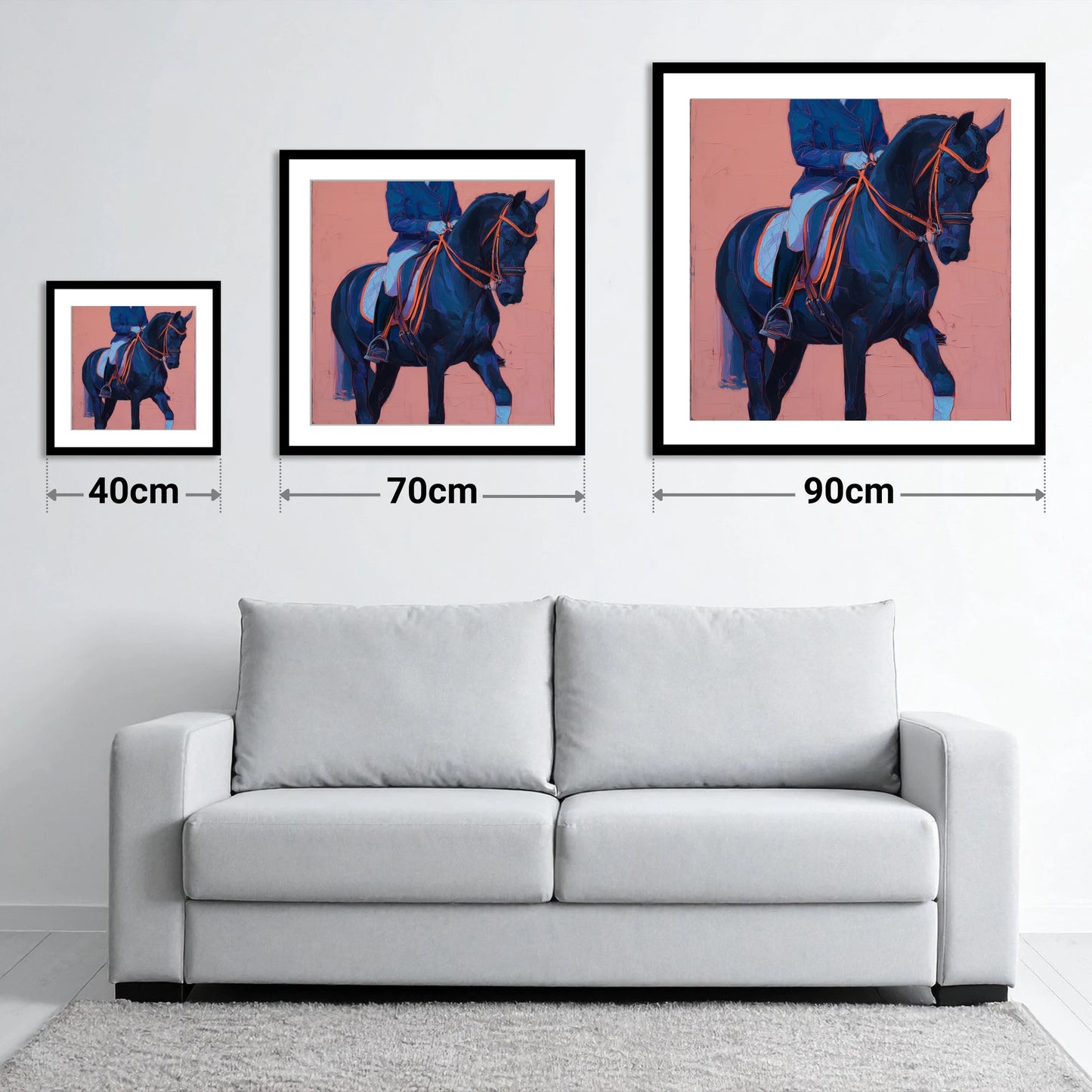Indigo Dressage Rhythm - size guide showing 40cm, 70cm and 90cm art prints