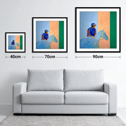 Stillness In The Saddle - size guide showing 40cm, 70cm and 90cm art prints