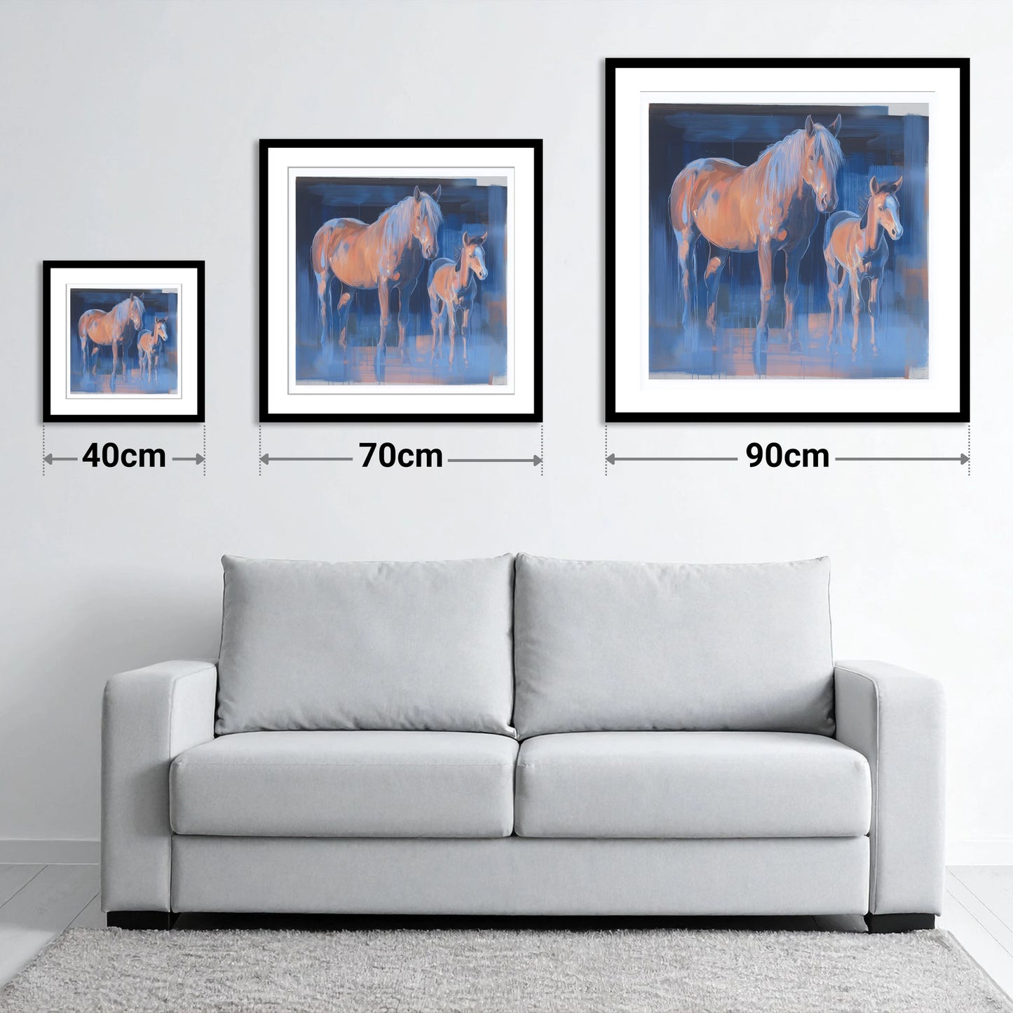 Cobalt and Apricot - size guide showing 40cm, 70cm and 90cm art prints