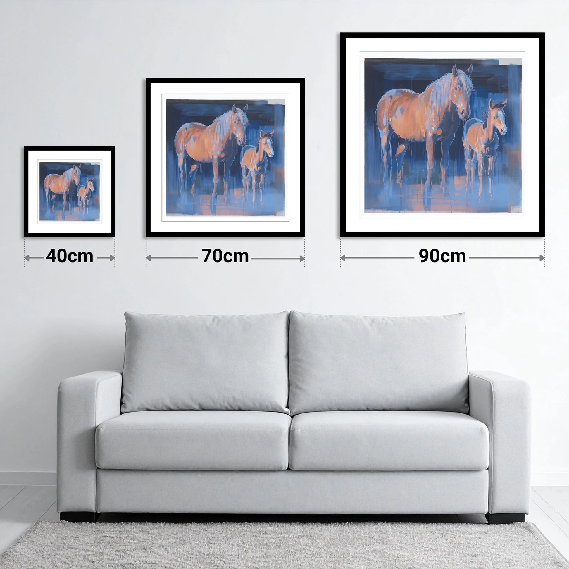 Cobalt and Apricot - size guide showing 40cm, 70cm and 90cm art prints