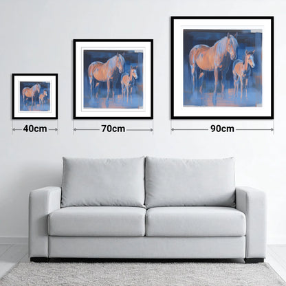 Cobalt and Apricot - size guide showing 40cm, 70cm and 90cm art prints