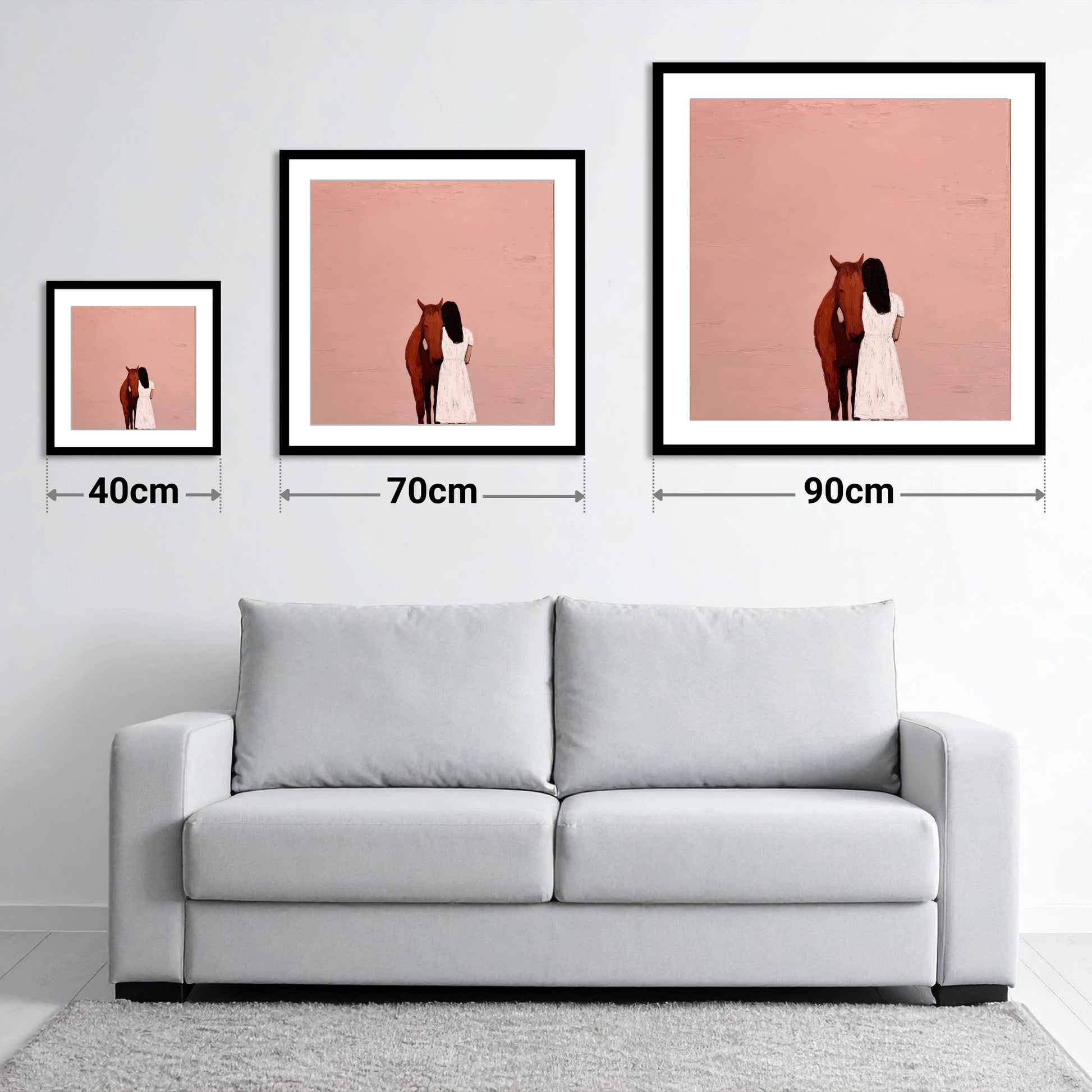The Quiet Embrace - size guide showing 40cm, 70cm and 90cm art prints