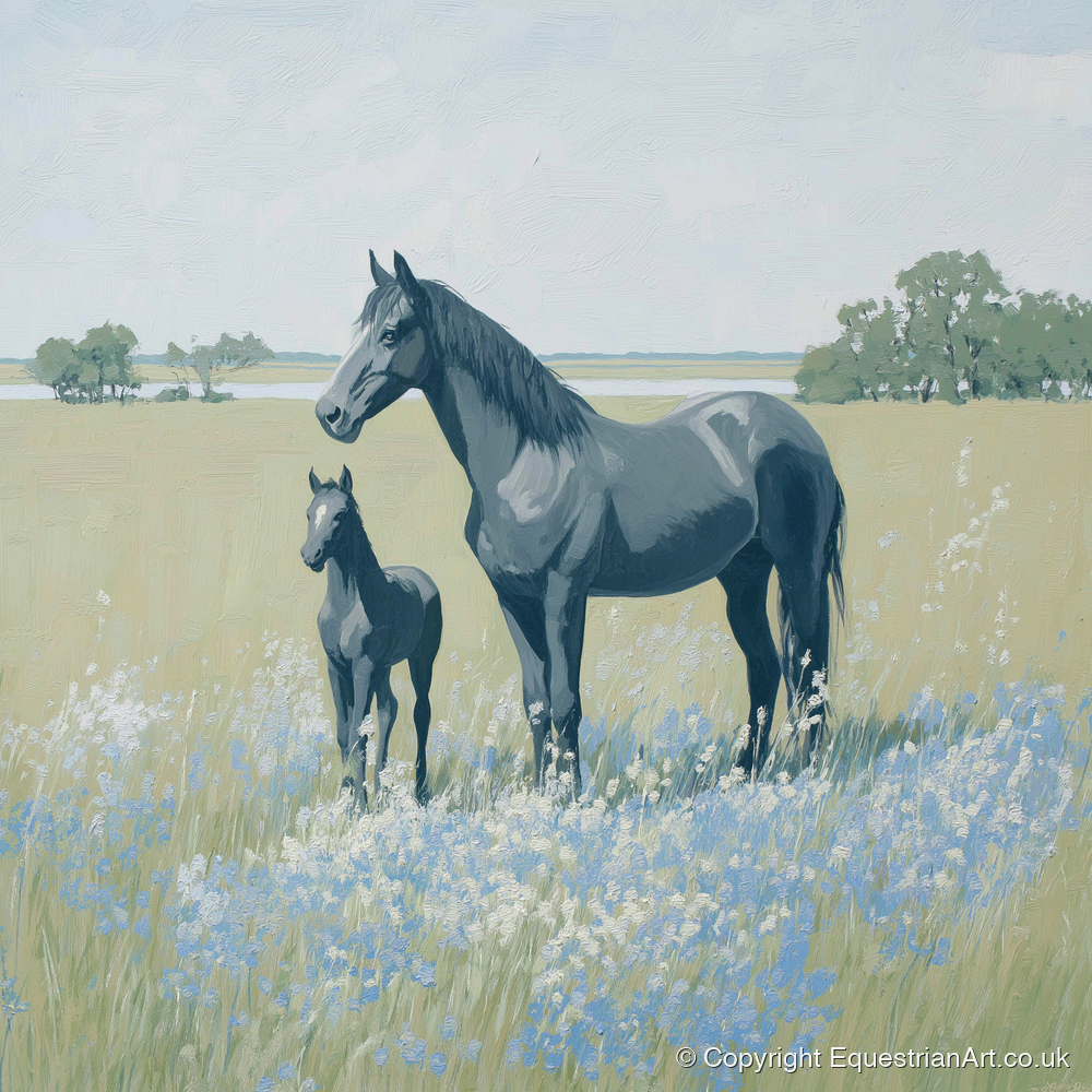 Slate Grey Summer Pasture - mare & foal art print and canvas by Oscar Pendleton A.I