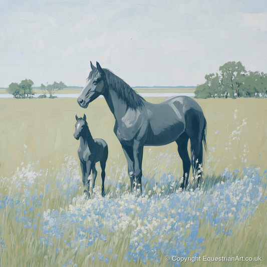 Slate Grey Summer Pasture - mare & foal art print and canvas by Oscar Pendleton A.I