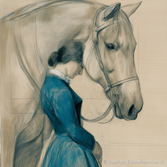 Solace in Stillness - horse & rider art print and canvas by Clara Pemberton A.I