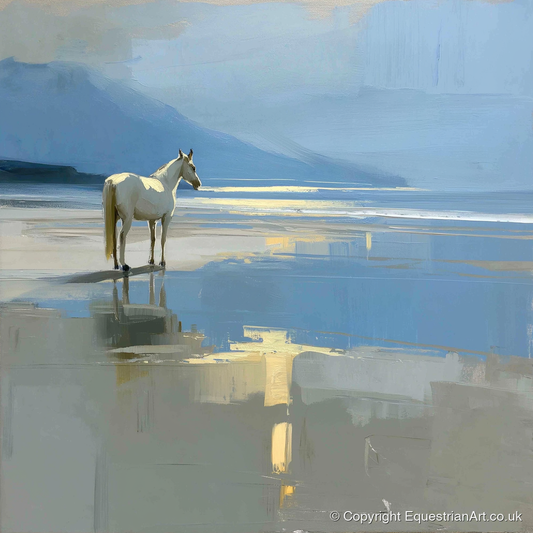 Solitary Coastal Gleam - horse landscape art print and canvas by Elias Thorne A.I