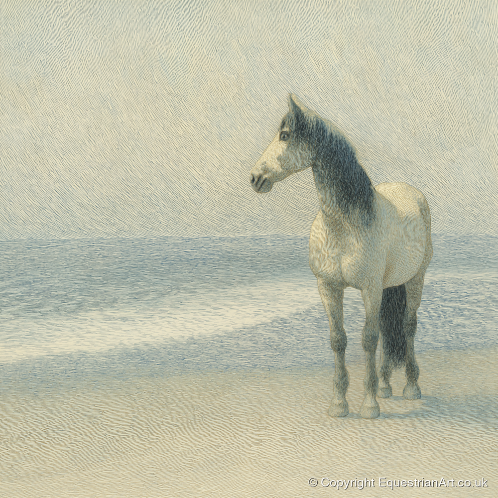 Solitary Shoreline Grey - horse landscape art print and canvas by Arthur Sterling A.I