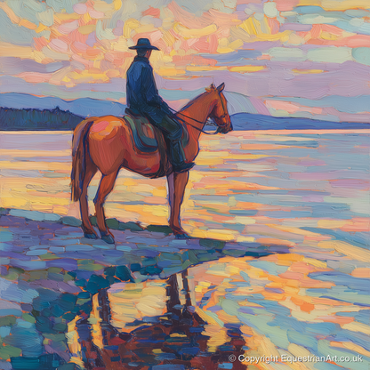 Solitary Sunset Ride - beach horse art print and canvas by Celia Harding A.I