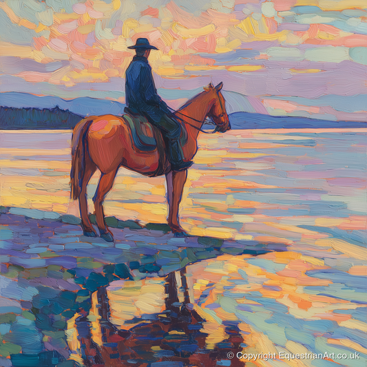 Solitary Sunset Ride - beach horse art print and canvas by Celia Harding A.I