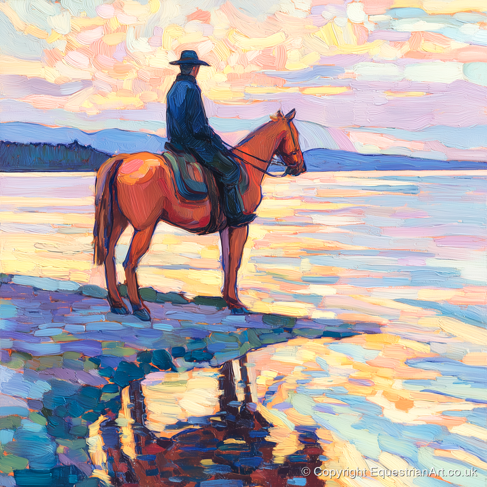 Solitary Sunset Ride - beach horse art print and canvas by Celia Harding A.I