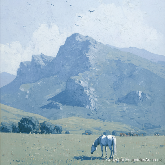 Solitude Beneath the Peak - horse landscape art print and canvas by Oscar Pendleton A.I