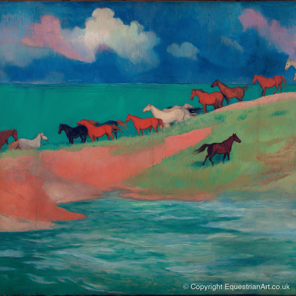Spirited Coastal Herd - wild horses art print and canvas by Lawrence Gable A.I