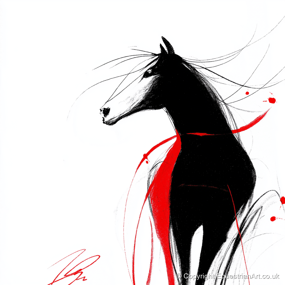 Spirited Silhouette in Red - horse portrait art print and canvas by Sebastian Vale A.I