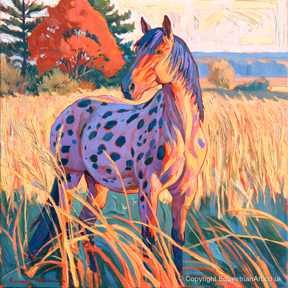 Spotted Appaloosa in Autumn Grass - horse breed art print and canvas by Celia Harding A.I