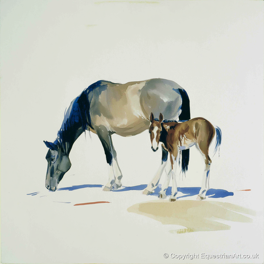 Spring Pasture Shadows - mare & foal art print and canvas by Beatrice Langley A.I