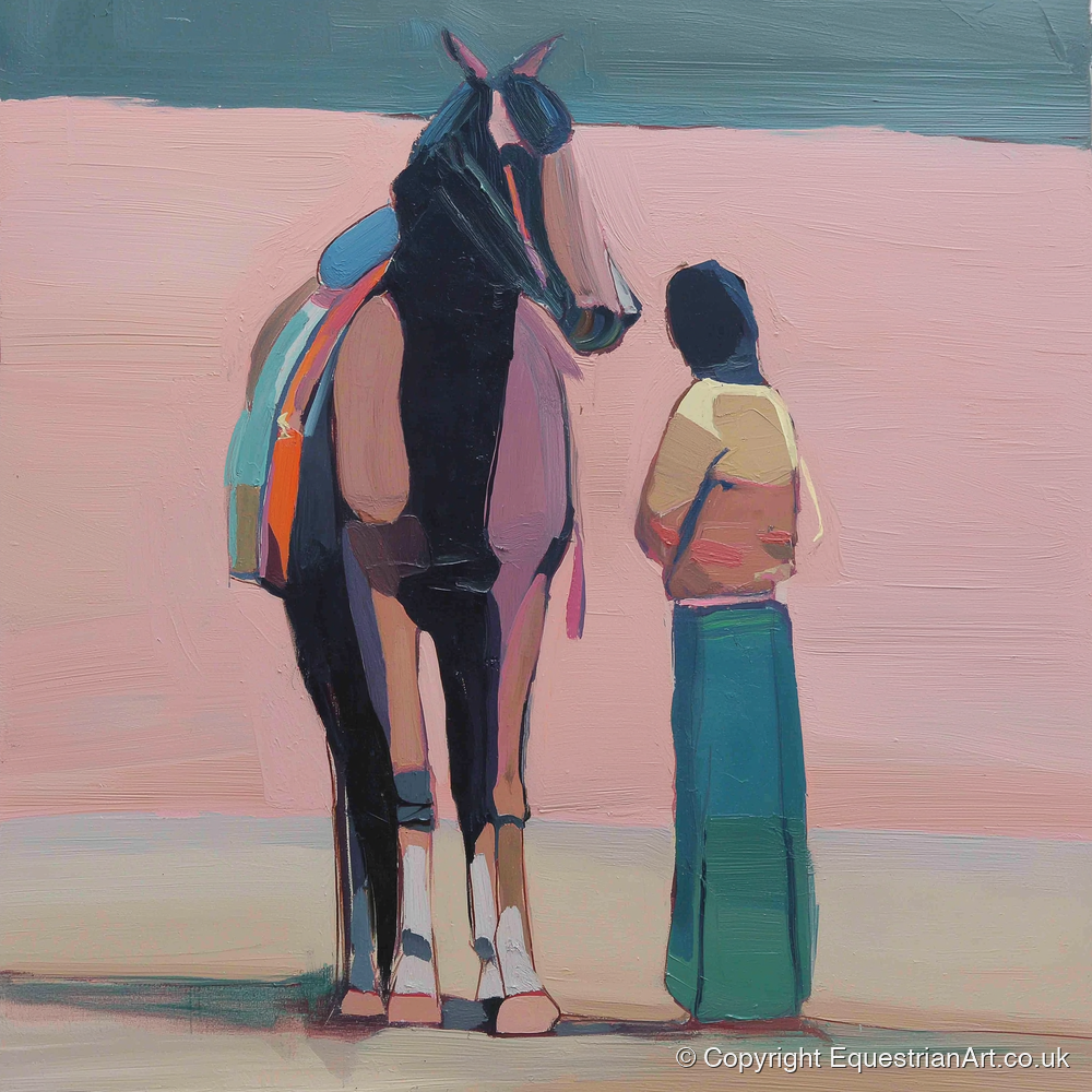 Stillness in Rose - horse & rider art print and canvas by Diana Sutherland A.I