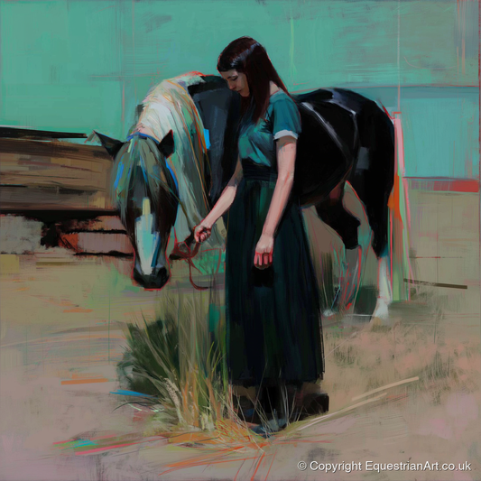 Stillness in Teal - horse & rider art print and canvas by Quentin Hart A.I