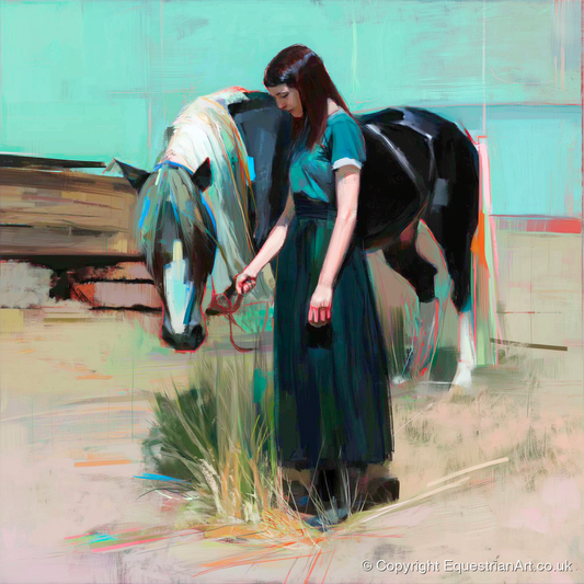 Stillness in Teal - horse & rider art print and canvas by Quentin Hart A.I