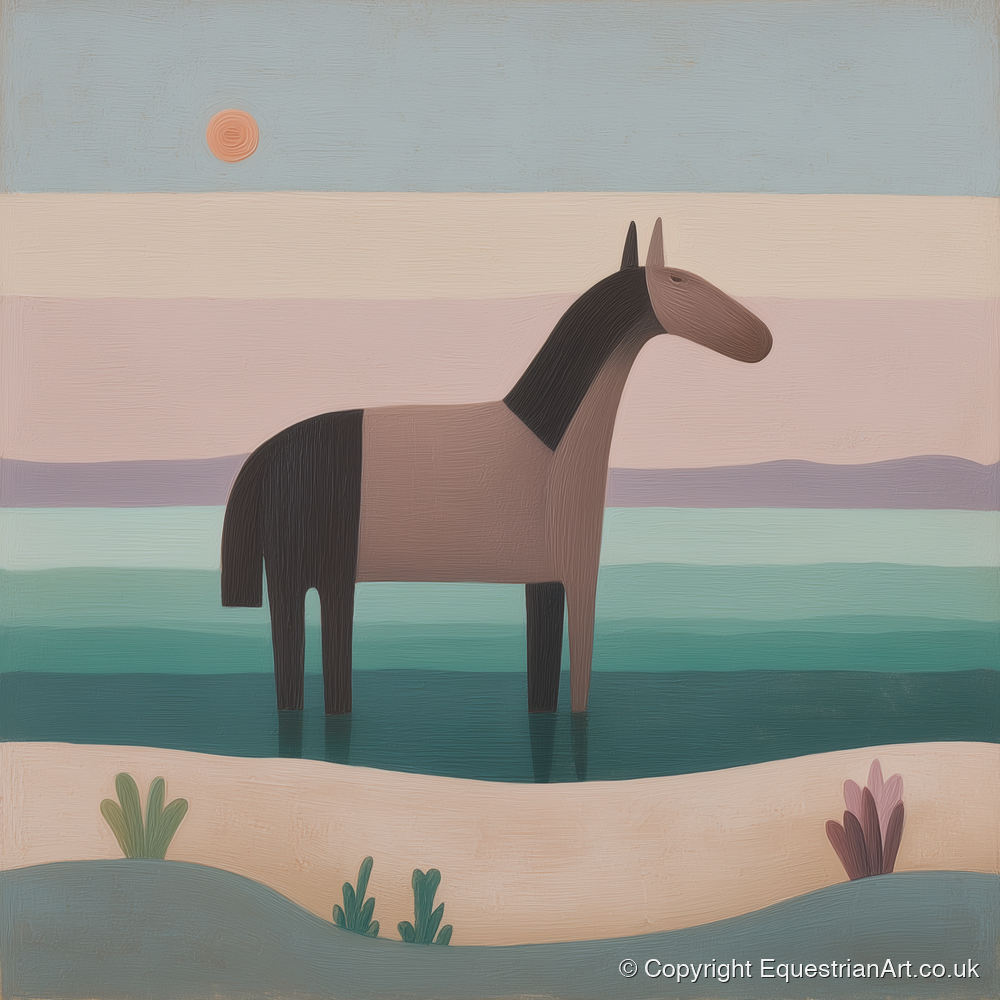 Stillness in the Shallows - beach horse art print and canvas by Wallace Bingham A.I