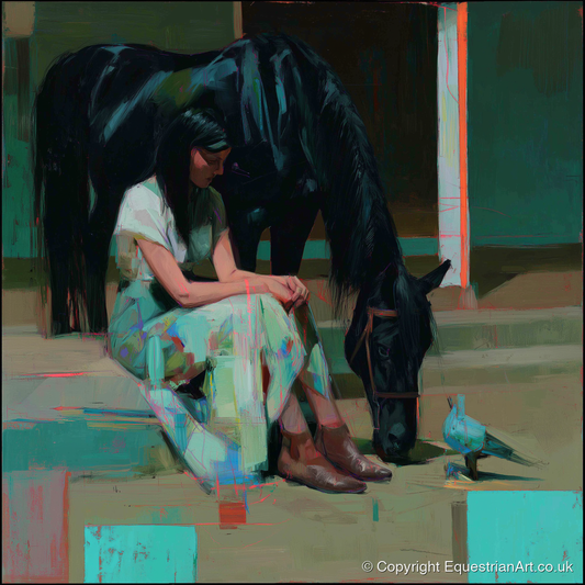 Stillness in the Yard - horse & rider art print and canvas by Quentin Hart A.I