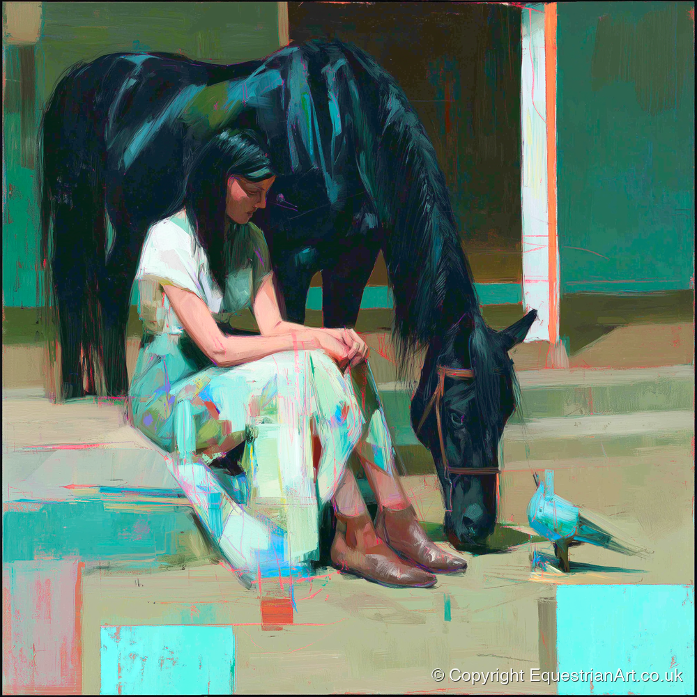 Stillness in the Yard - horse & rider art print and canvas by Quentin Hart A.I