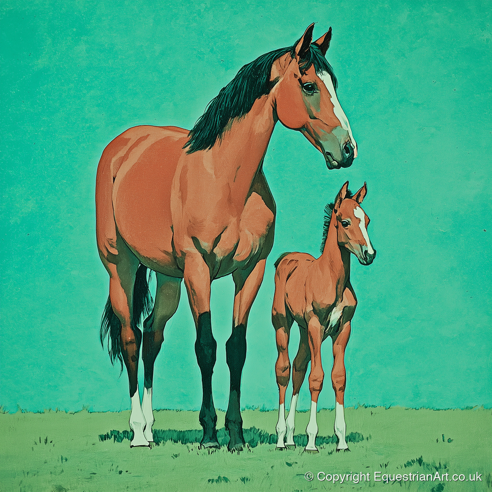 Striking Bay Bloodlines - mare & foal art print and canvas by Declan Foley A.I