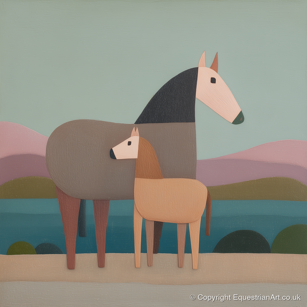 Stylised Equine Harmony - mare & foal art print and canvas by Wallace Bingham A.I