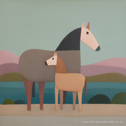 Stylised Equine Harmony - mare & foal art print and canvas by Wallace Bingham A.I