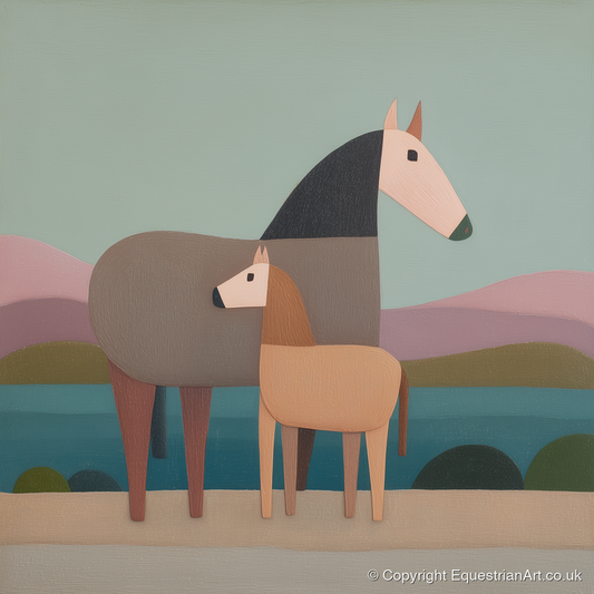 Stylised Equine Harmony - mare & foal art print and canvas by Wallace Bingham A.I