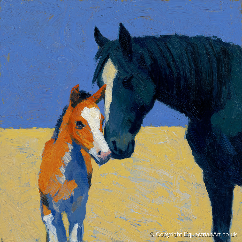 Sun-Drenched Bond - mare & foal art print and canvas by Hugo Beckett A.I