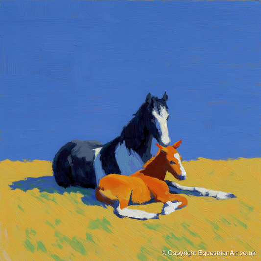 Sun-Drenched Bond - mare & foal art print and canvas by Hugo Beckett A.I