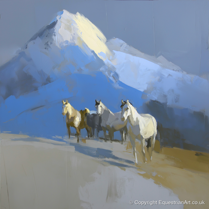 Sunlit Alpine Herd - horse landscape art print and canvas by Elias Thorne A.I