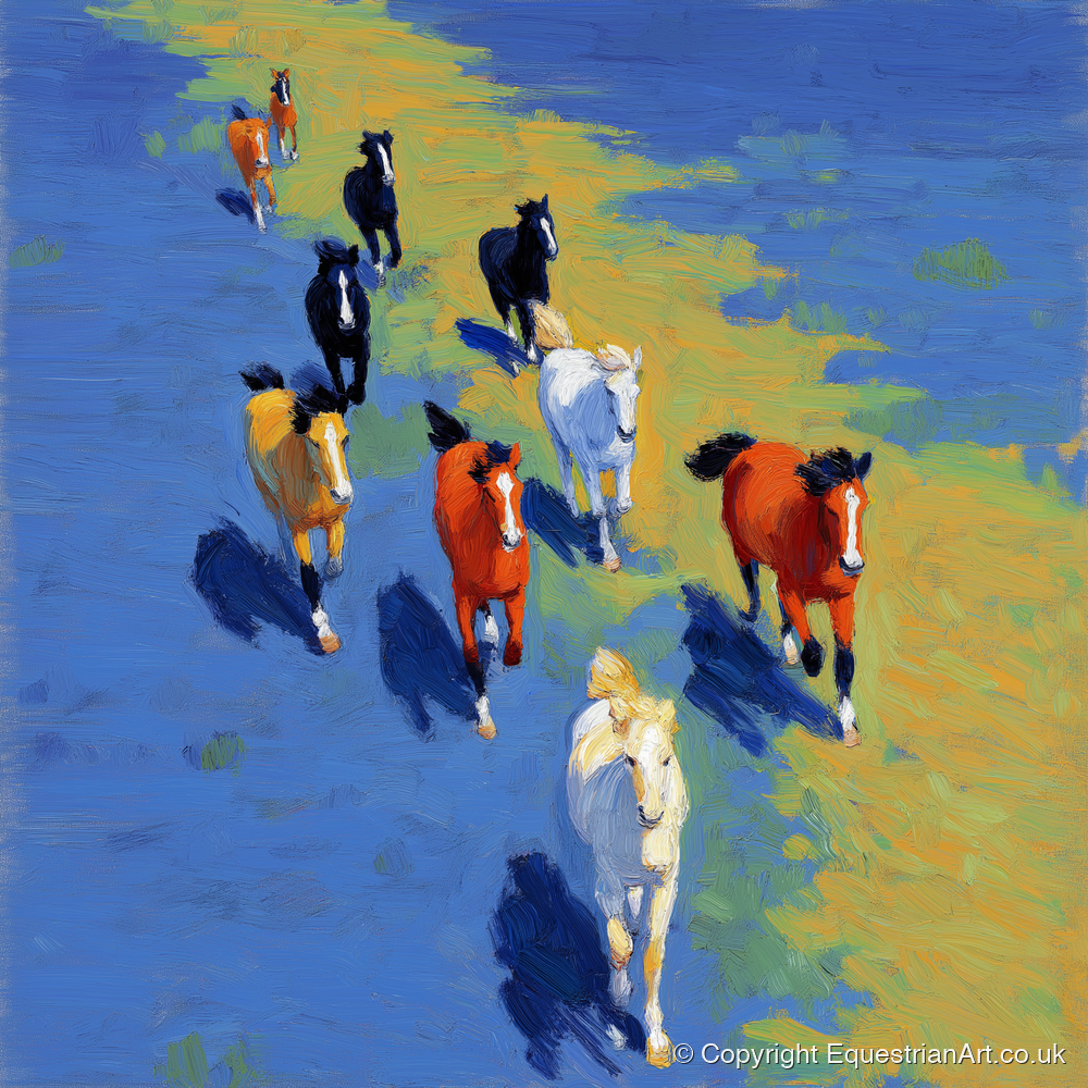 Sunlit Azure Gallop - wild horses art print and canvas by Hugo Beckett A.I