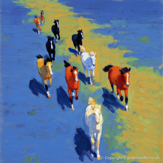 Sunlit Azure Gallop - wild horses art print and canvas by Hugo Beckett A.I