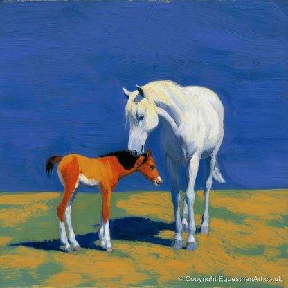 Sunlit Bond - mare & foal art print and canvas by Hugo Beckett A.I