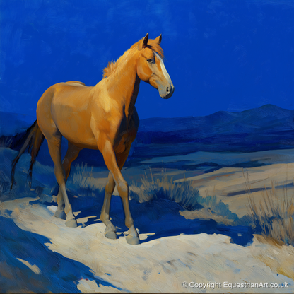 Sunlit Chestnut Stride - horse landscape art print and canvas by Percival Kent A.I