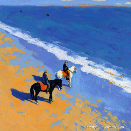Sunlit Coastal Hack - horse landscape art print and canvas by Hugo Beckett A.I