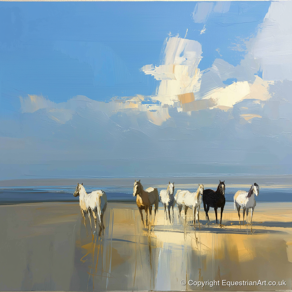 Sunlit Coastal Herd - horse landscape art print and canvas by Elias Thorne A.I