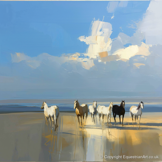 Sunlit Coastal Herd - horse landscape art print and canvas by Elias Thorne A.I