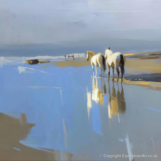 Sunlit Coastal Reflections - horse landscape art print and canvas by Elias Thorne A.I