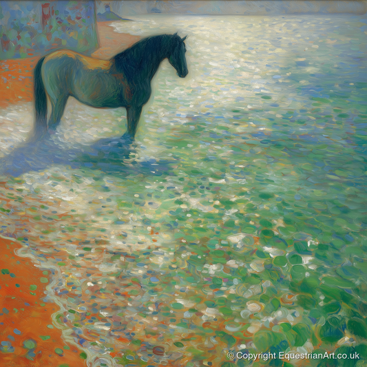 Sunlit Coastal Shallows - beach horse art print and canvas by Ambrose Keating A.I