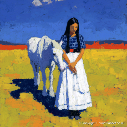 Sunlit Companion - horse & rider art print and canvas by Hugo Beckett A.I