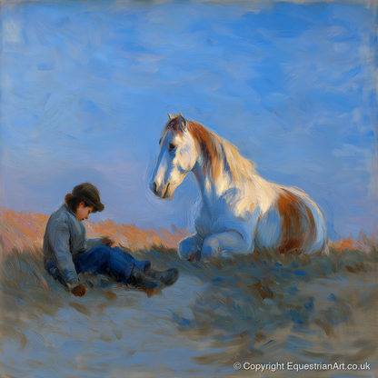 Sunlit Companions - horse & rider art print and canvas by Gabriel Hayes A.I