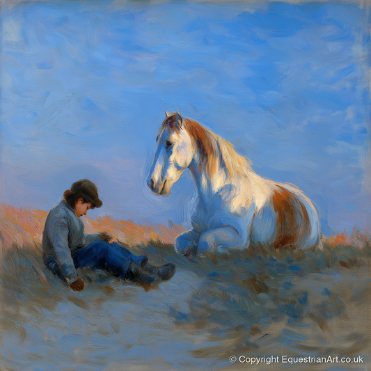 Sunlit Companions - horse & rider art print and canvas by Gabriel Hayes A.I