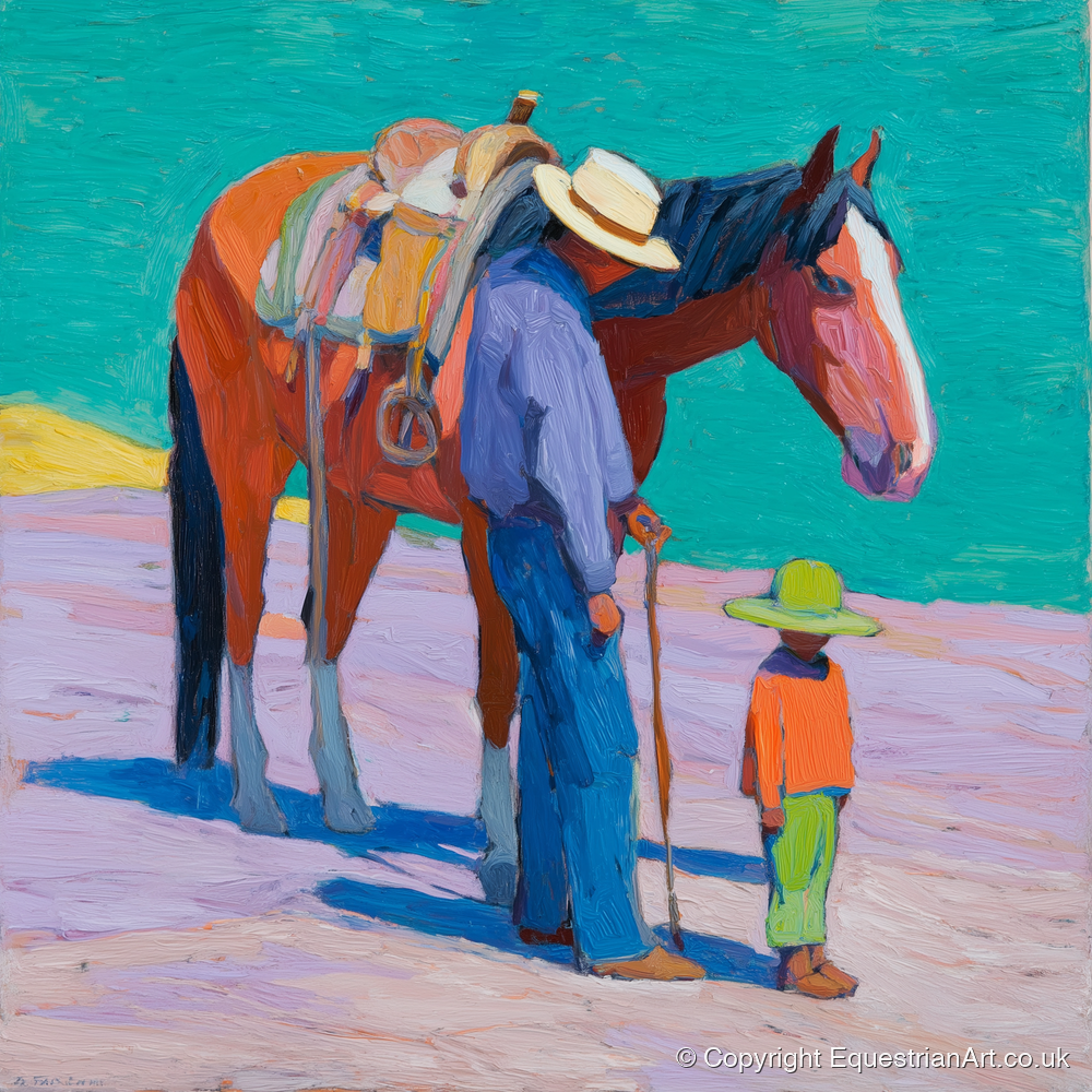 Sunlit Companions - horse & rider art print and canvas by Marshall Davies A.I