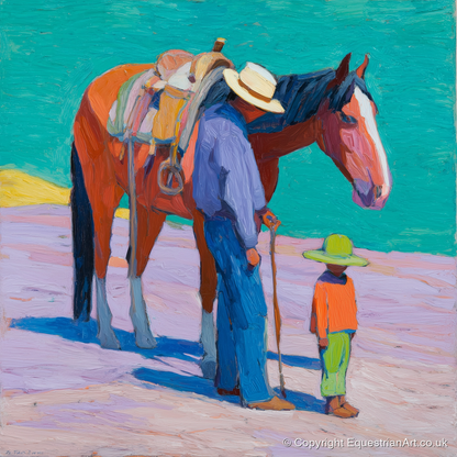 Sunlit Companions - horse & rider art print and canvas by Marshall Davies A.I