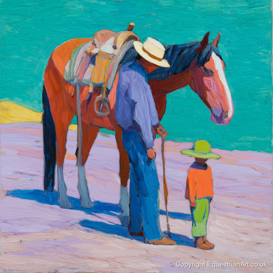 Sunlit Companions - horse & rider art print and canvas by Marshall Davies A.I