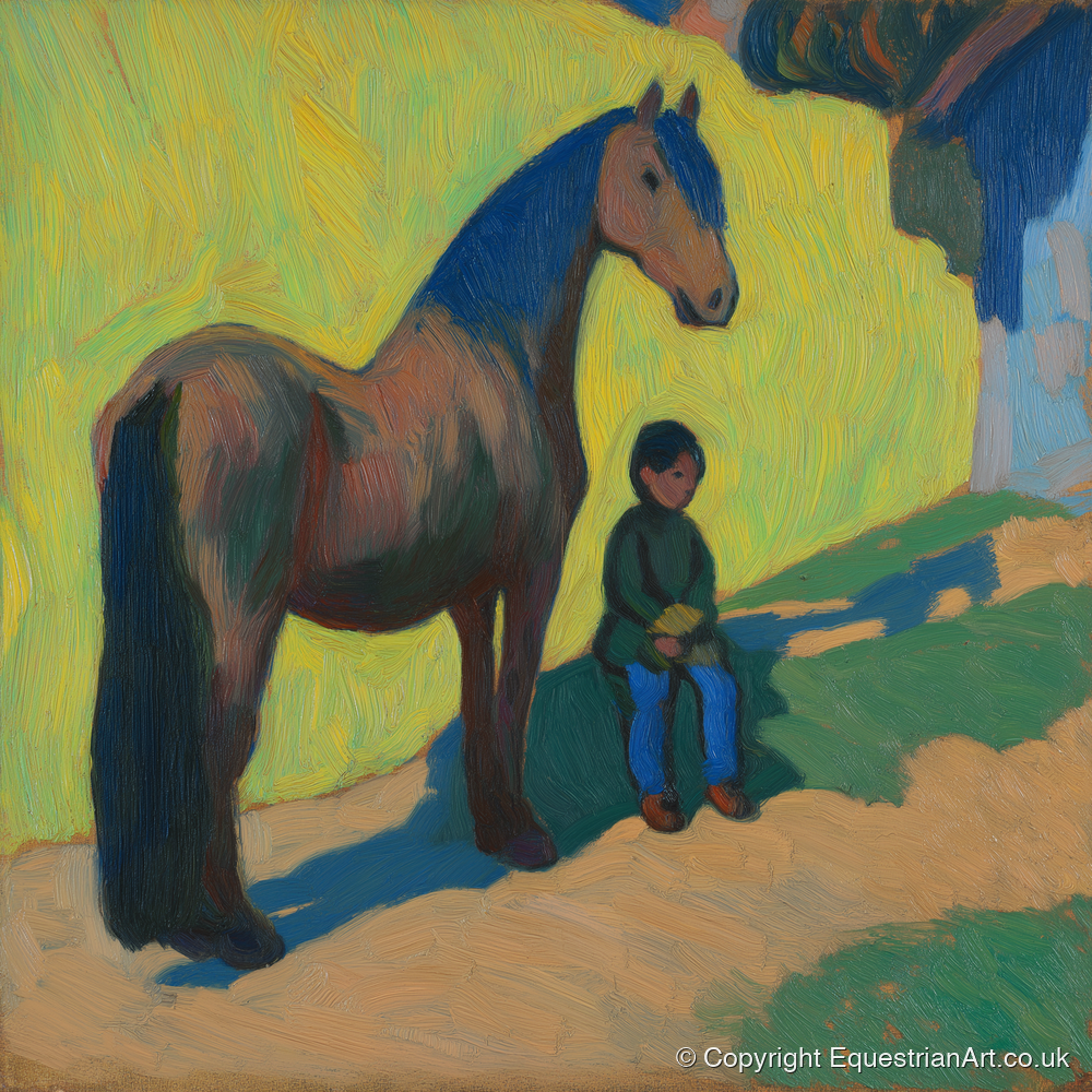 Sunlit Companionship - horse & rider art print and canvas by Rowan Sinclair A.I