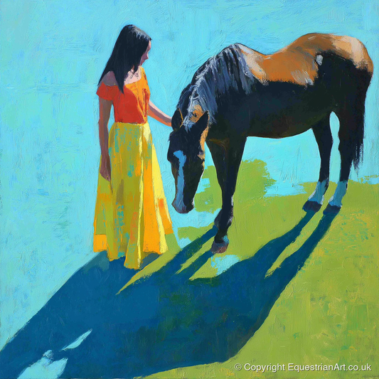 Sunlit Connection - horse & rider art print and canvas by Daphne Morley A.I
