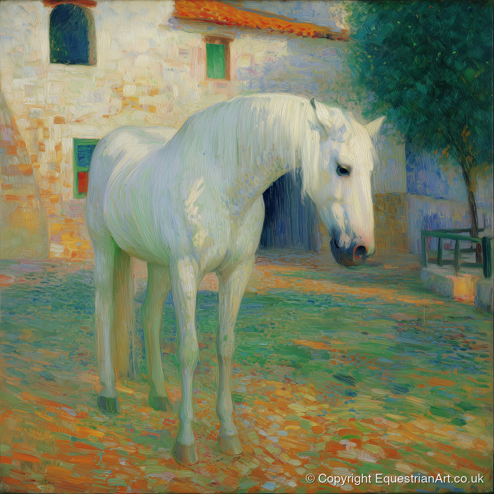 Sunlit Courtyard Grey - horse breed art print and canvas by Ambrose Keating A.I